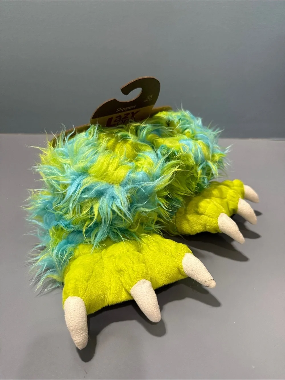 Lazy One Kids Fuzzy Monster Slippers in Neon Green & Aqua Blue